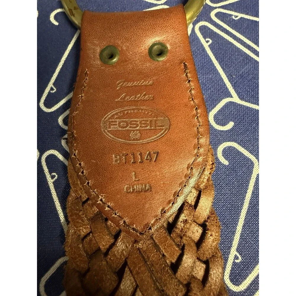 Fossil Brown Braided Leather Belt Brass Ring Buckle Size L Genuine Leather